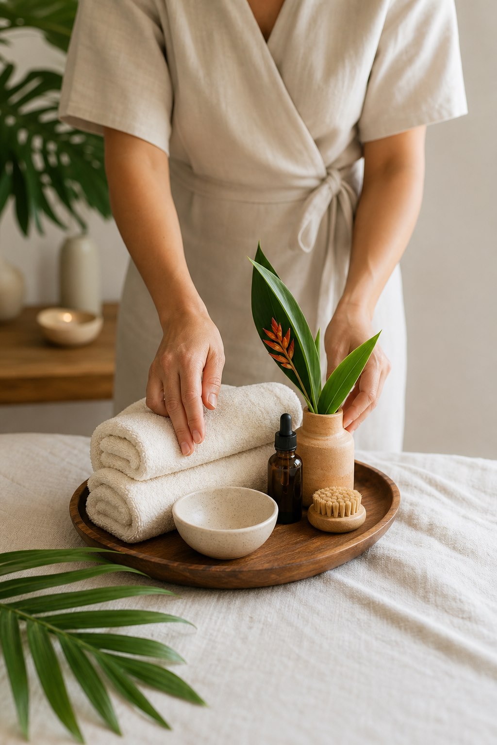 Mains preparant serviettes, huile et accessoires de soin dans une ambiance naturelle