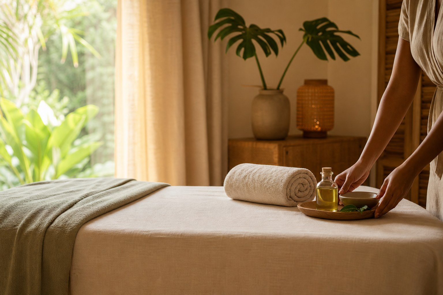 Espace de massage a domicile avec lumiere naturelle, linge doux et huiles de soin